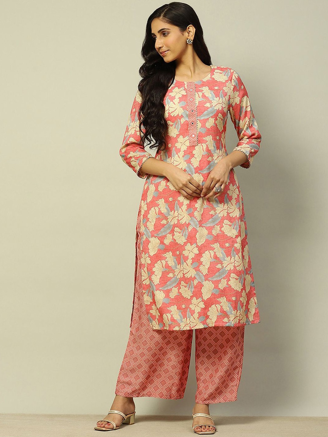 

Rangriti Floral Printed Straight Kurta with Palazzos, Orange