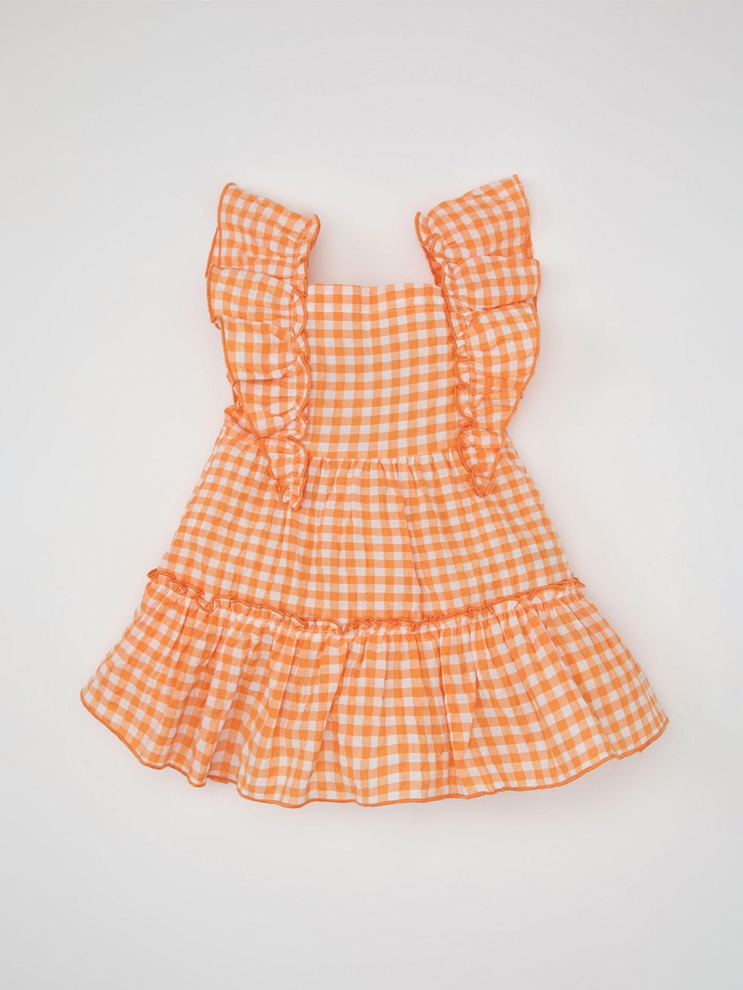 

DeFacto Girls Checked Flutter Sleeve Fit & Flare Dress, Orange