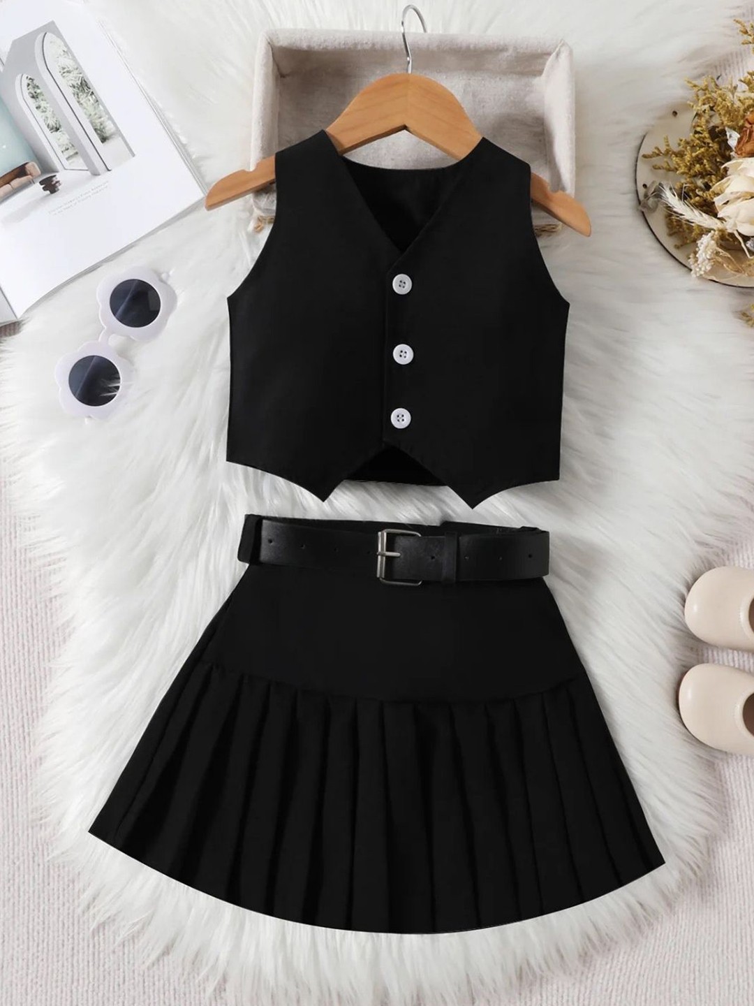 

TrendyKid Girls Round Neck Sleeveless Top With Skirt, Black