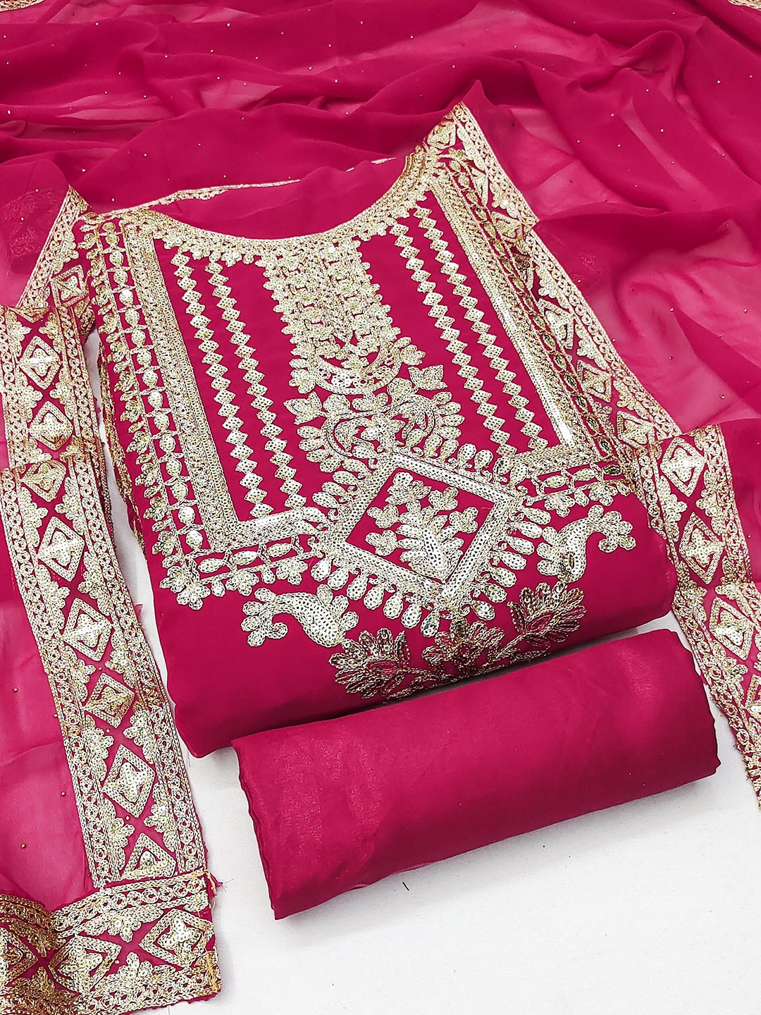 

Maroosh Floral Embroidered Sequinned Unstitched Dress Material, Pink