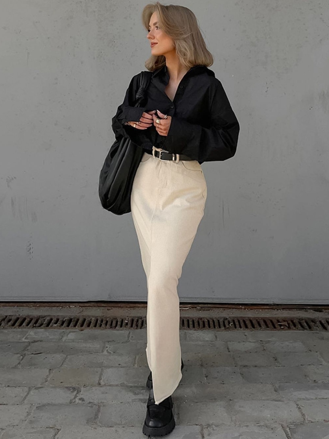 

KPOP Women Pure Cotton Straight Maxi Skirts, Cream