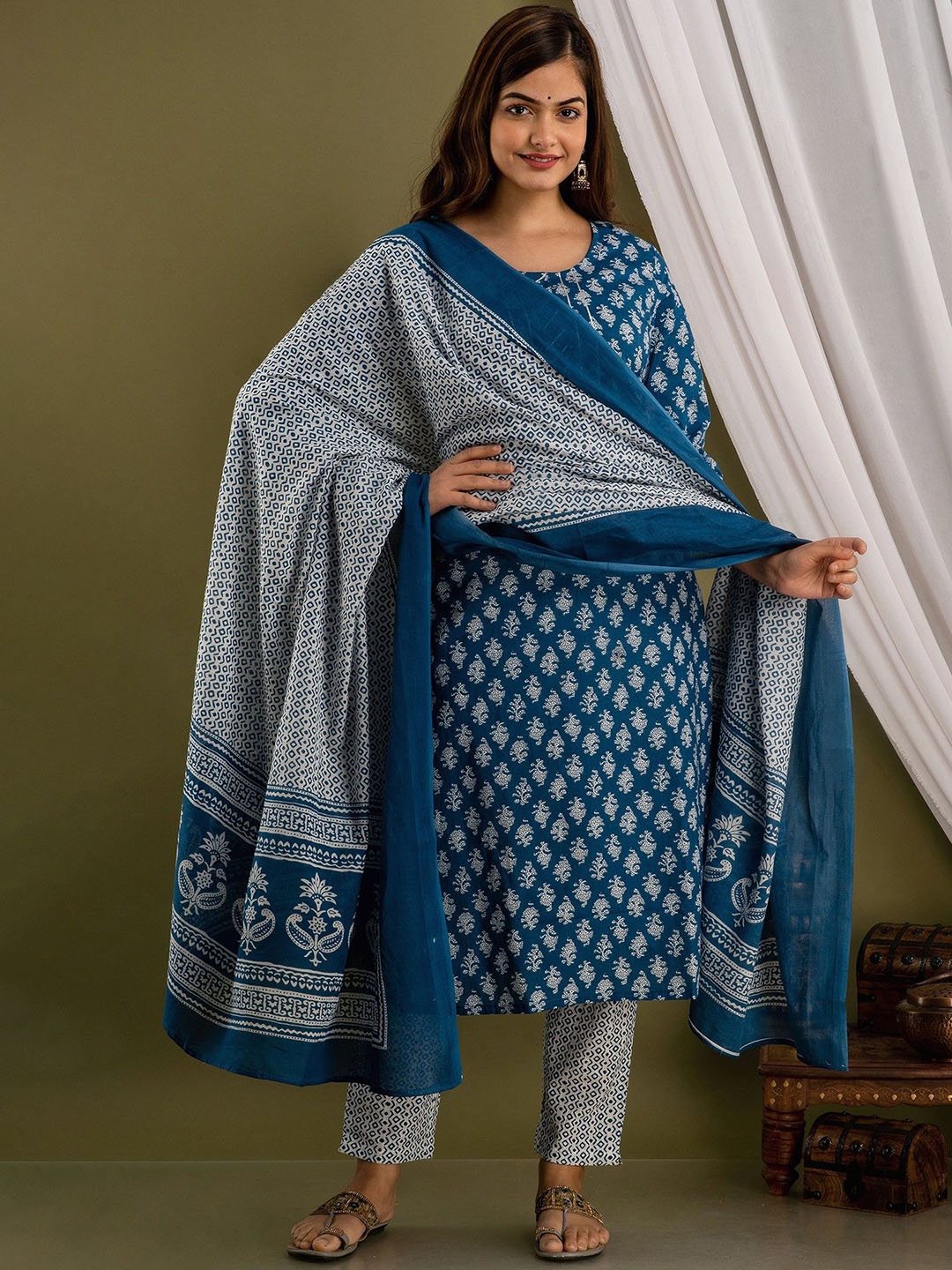 

His&Her Floral Printed Pure Cotton Straight Kurta with Trousers & Dupatta, Blue