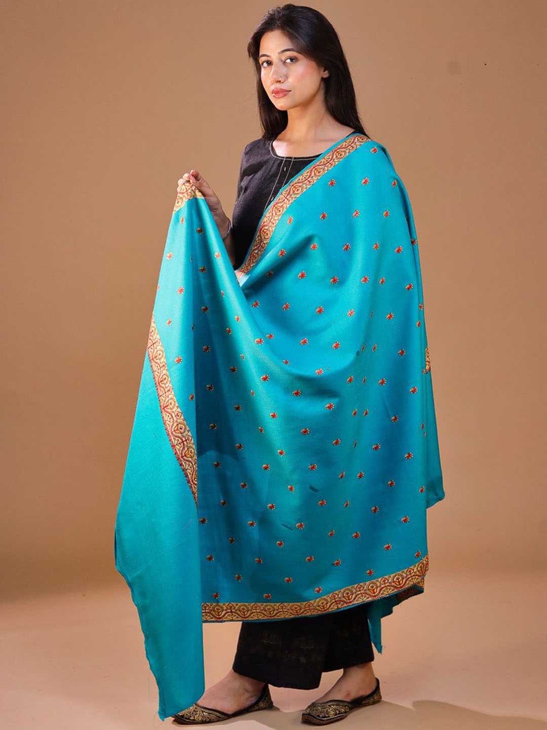

SWI Stylish Floral Embroidered Pashmina Wool Shawl, Sea green
