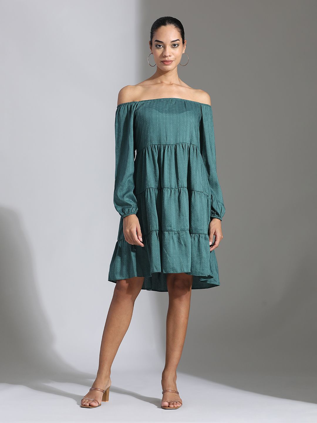 

Jaipur Kurti Solid Off-Shoulder Long Puff Sleeve Fit & Flare Midi Dress, Teal