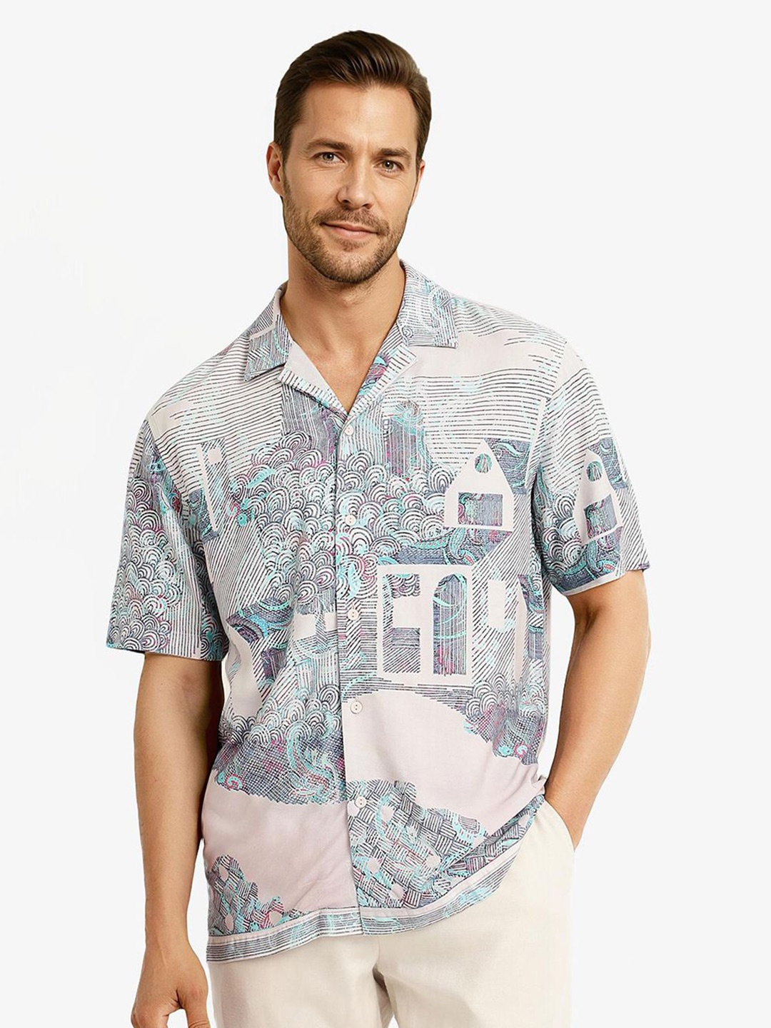 

RARE RABBIT Men Comfort Abstract Printed Boxy Casual Shirt, Pink