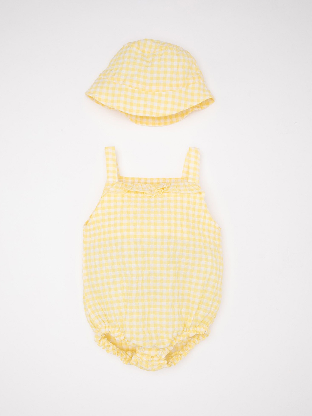 

DeFacto Girls Cotton Checked Bodysuit With Cap, Yellow