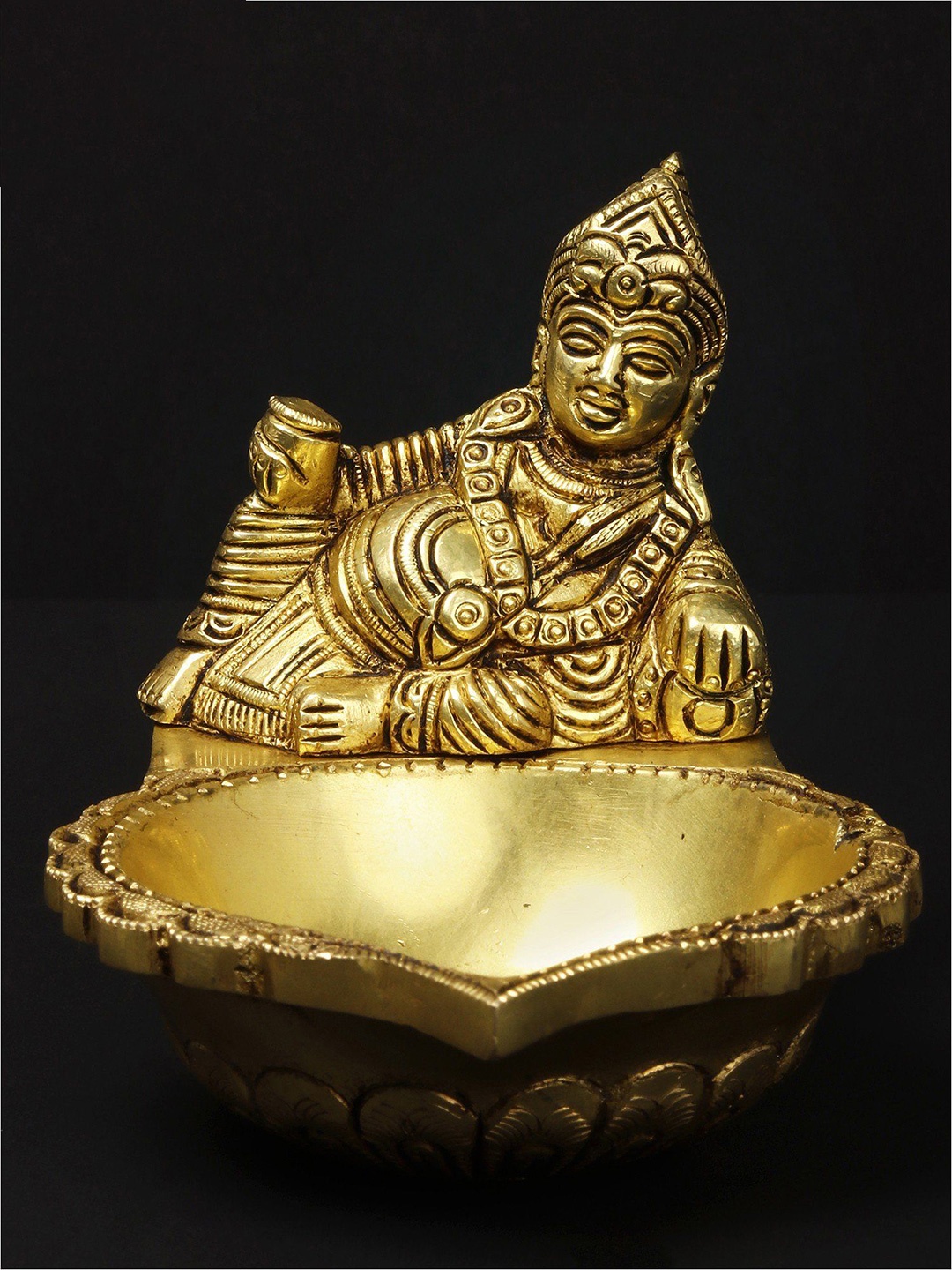 

Exotic India 5'' Hindu God Kubera With Oil Lamp in Brass, Gold