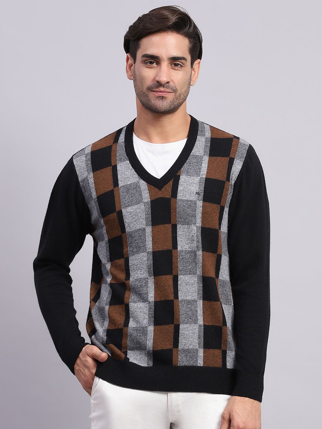 

Monte Carlo Men Checked Woollen Pullover, Black