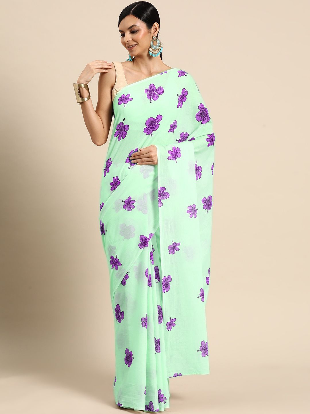 

BUTA BUTI Floral Pure Cotton Saree, Sea green