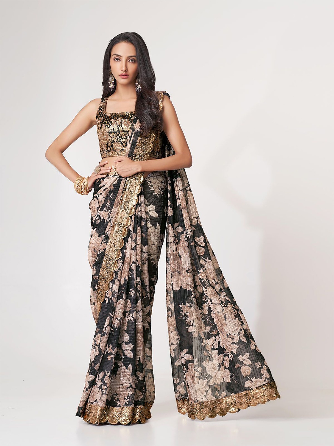 

ODETTE Embroidered Sequinned Floral Organza Saree, Black