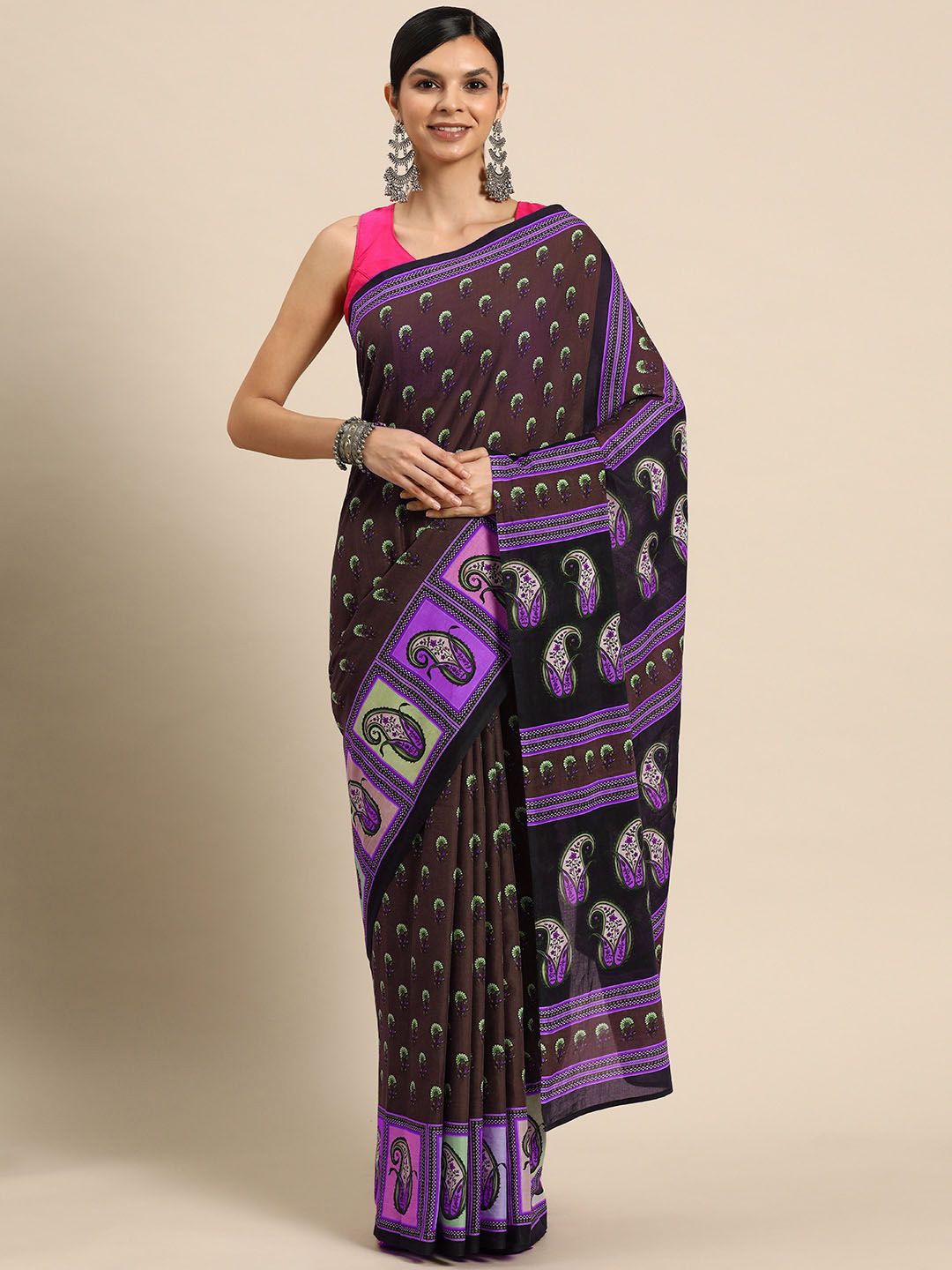 

BUTA BUTI Floral Printed Pure Cotton Saree, Coffee brown