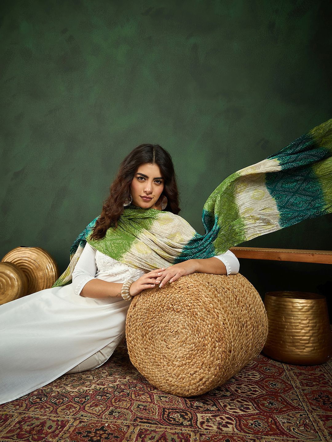 

Sangria Printed Silk Tassled Dupatta, Green