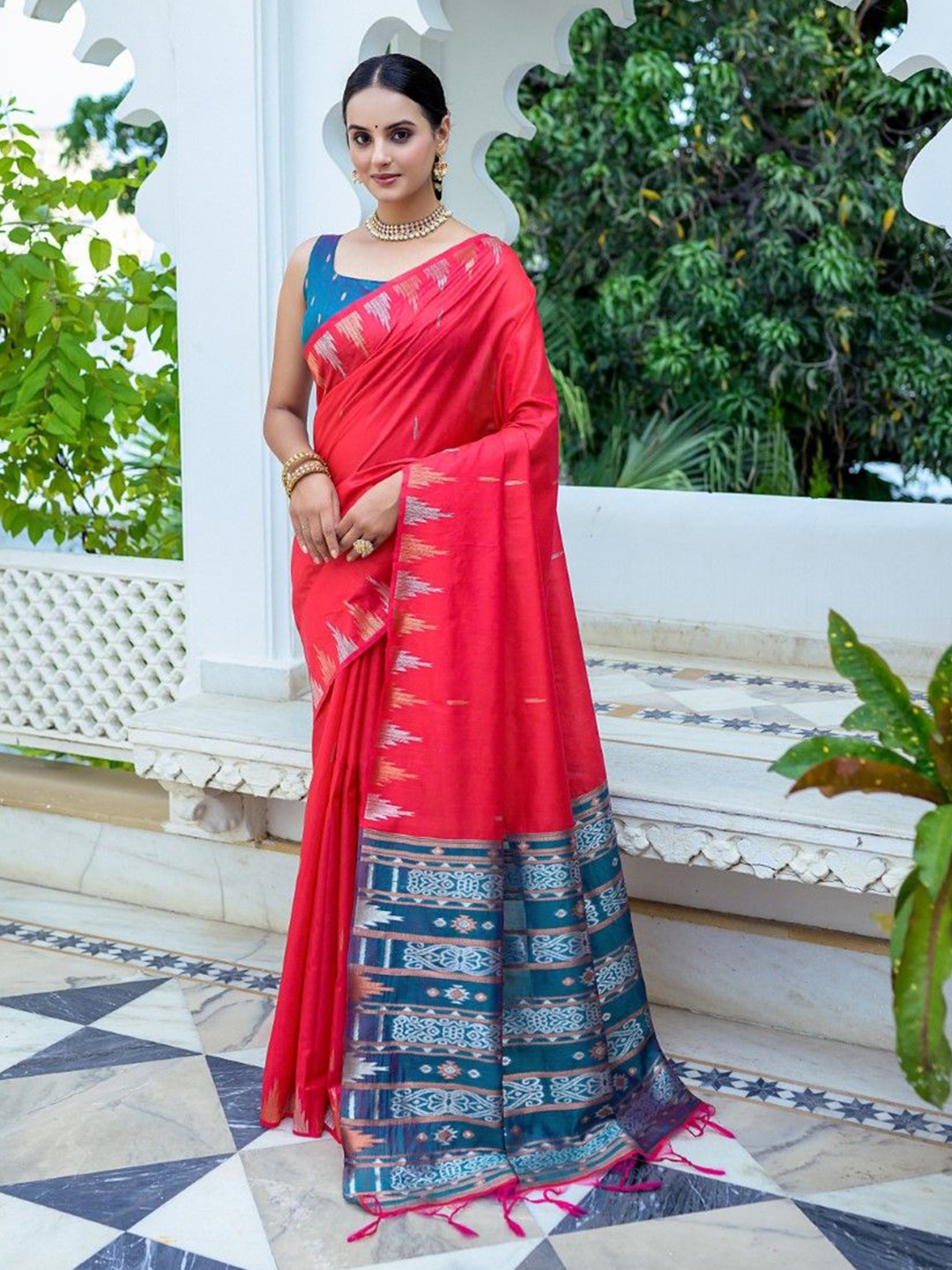 

VISHNU WEAVES Ethnic Motifs Phulkari Pure Silk Tussar Saree, Red