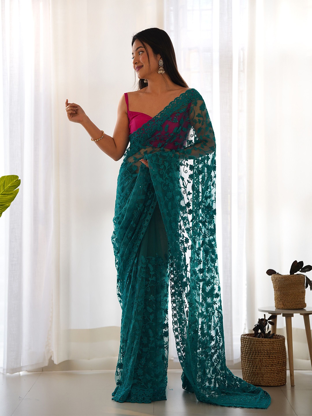 

Anouk Floral Embroidered Beads and Stones Net Saree, Teal