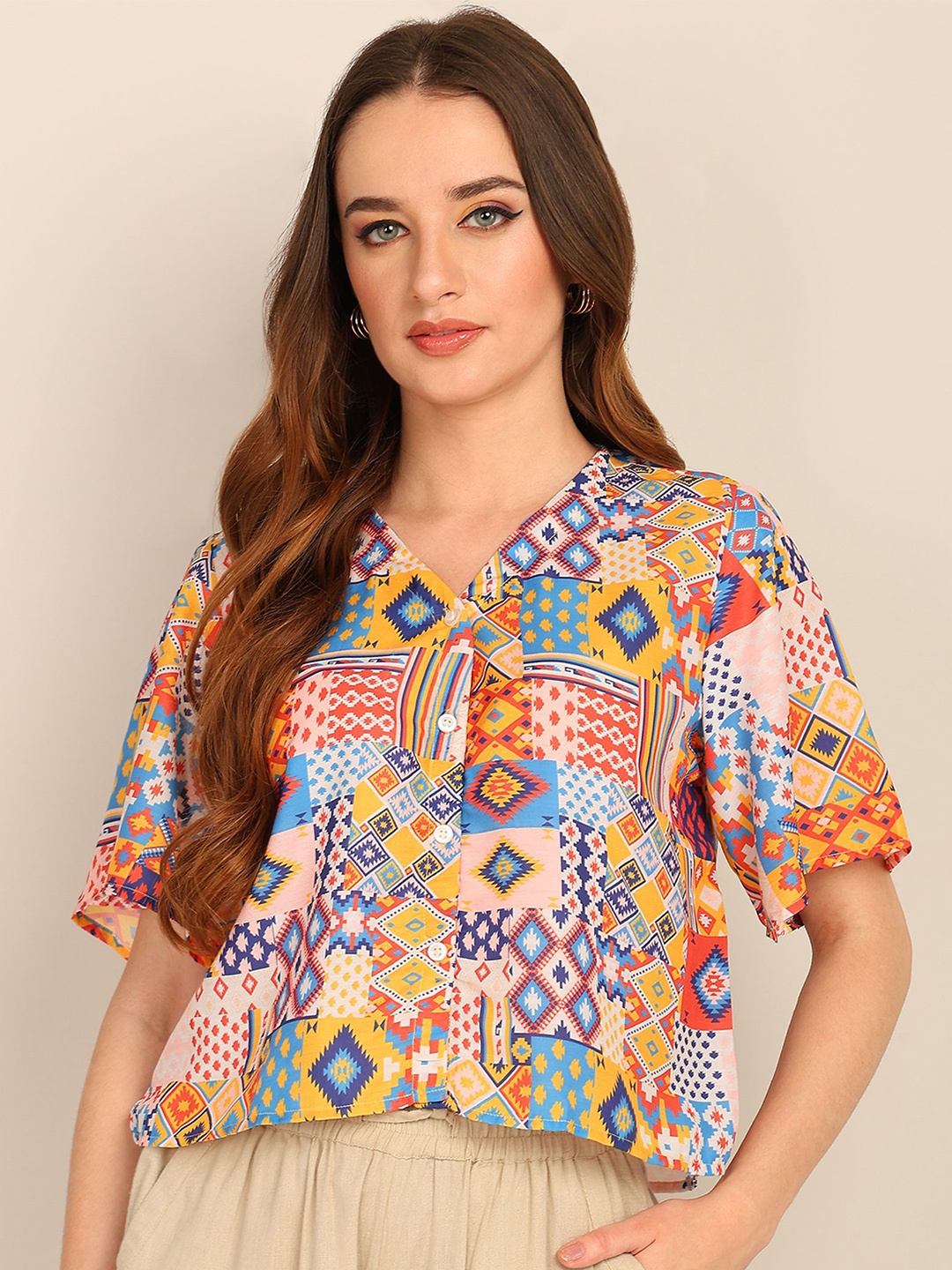 

Murcia Women Collarless Ethnic Motifs Printed Casual Shirt, Multi