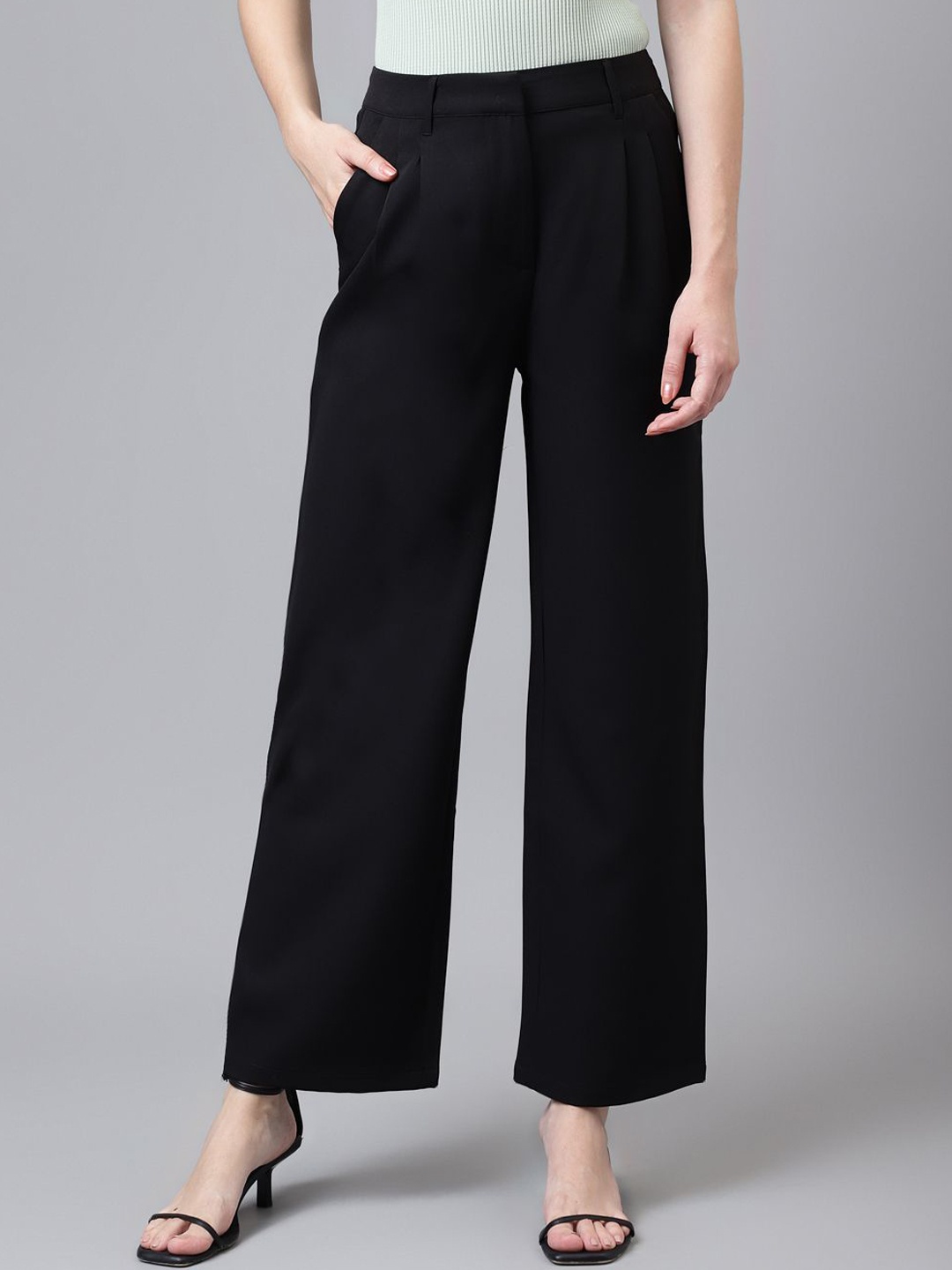 

Latin Quarters Women Straight Fit High-Rise Pleated Trousers, Black
