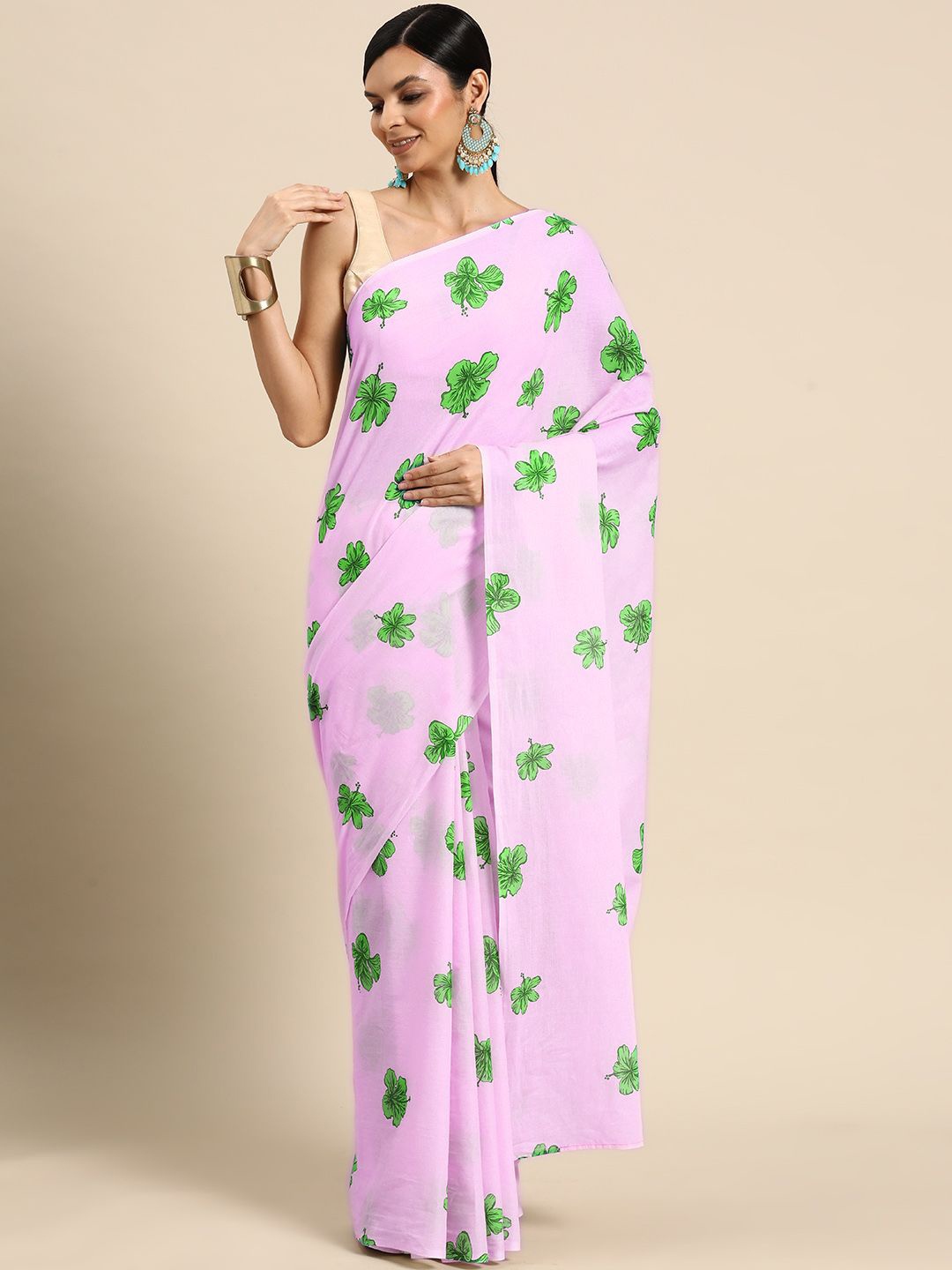 

BUTA BUTI Floral Pure Cotton Saree, Green