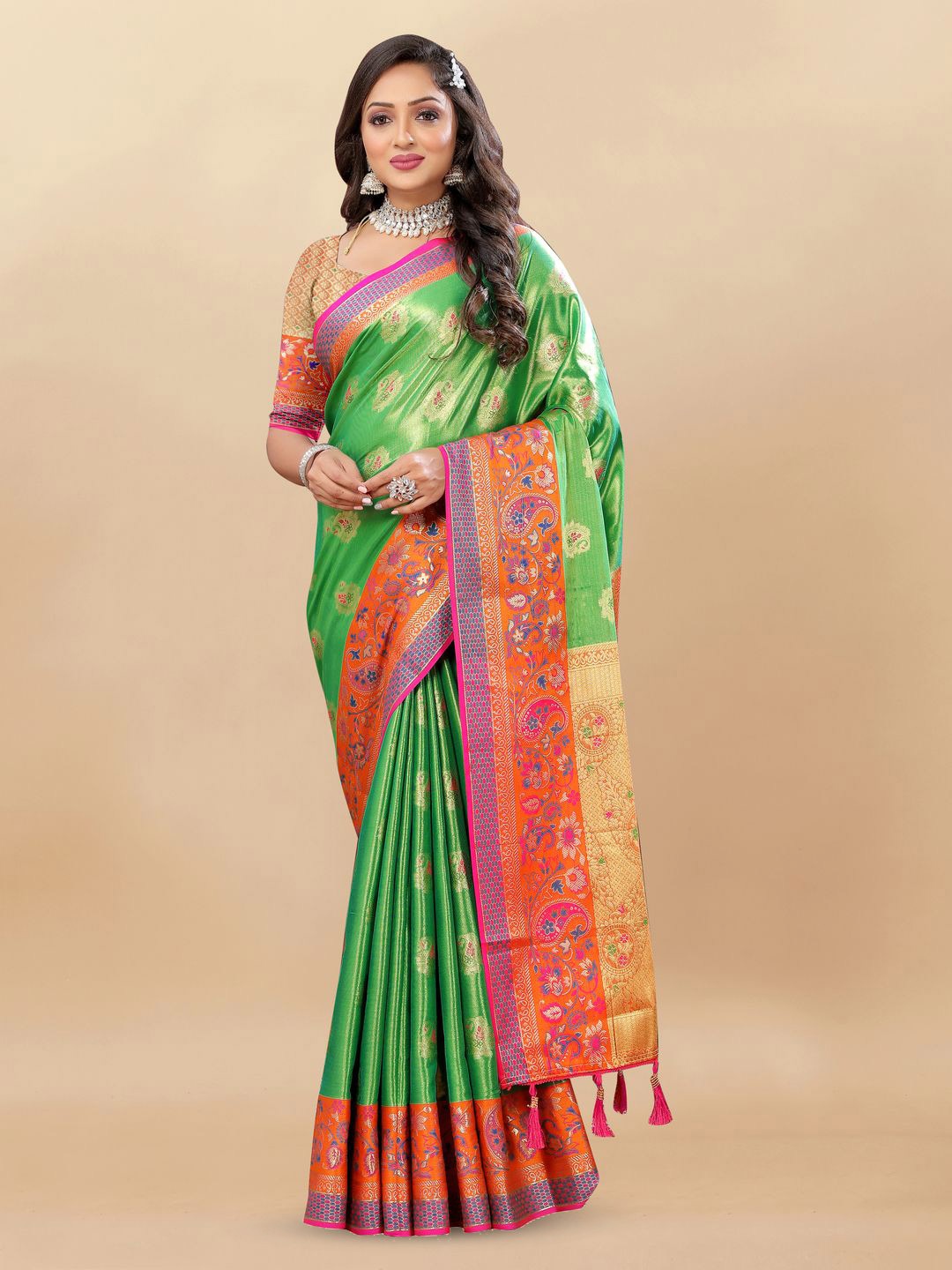 

MOKSHA DESIGNS Woven Design Zari Pure Silk Banarasi Saree, Green