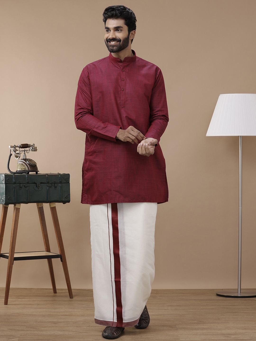 

Ramraj Mandarin Collar Long Sleeves Pure Cotton Straight Kurta With Kora Double Dhoti, Maroon
