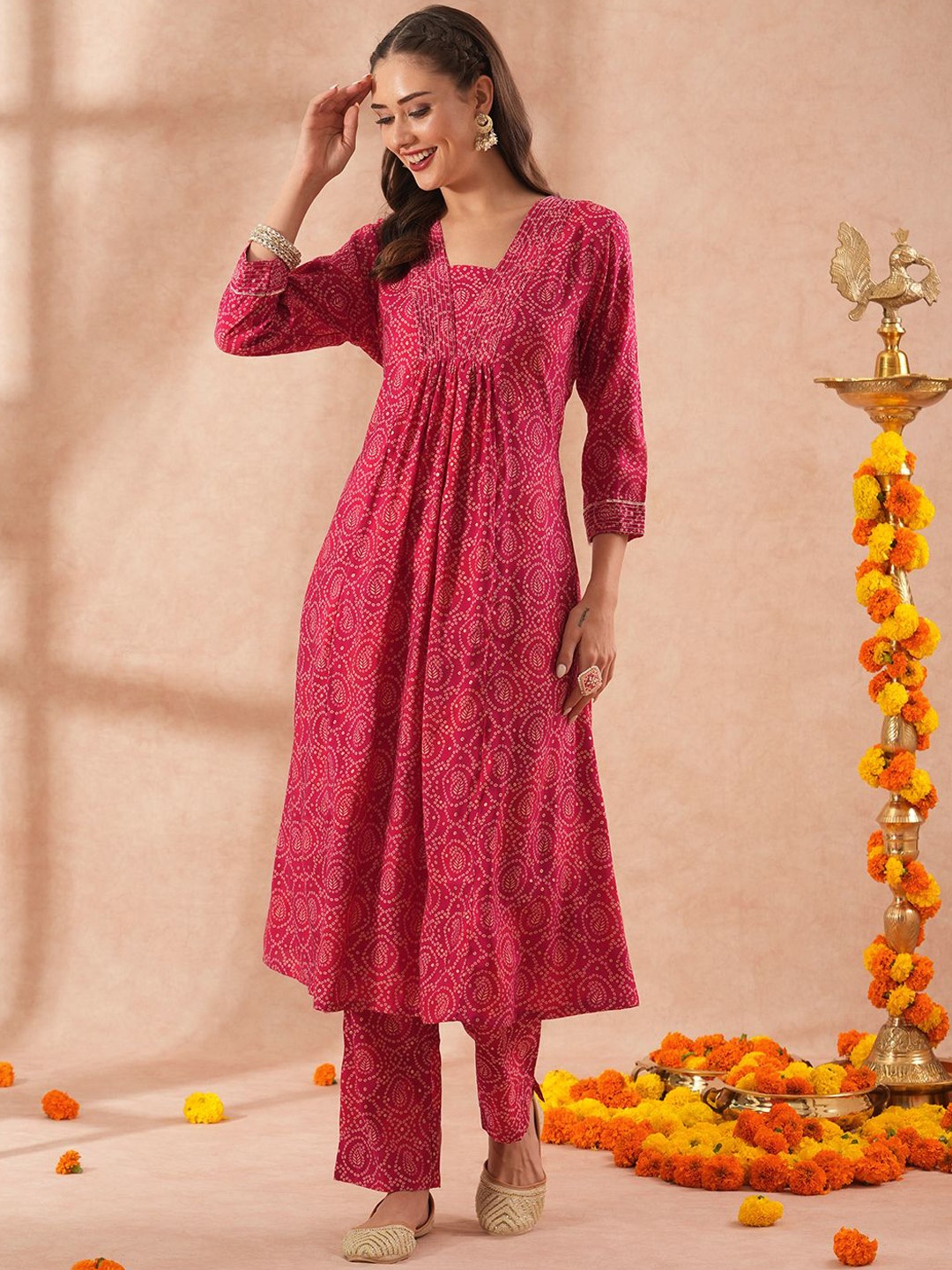

FASHOR Bandhani Printed Tunic With Trousers, Magenta