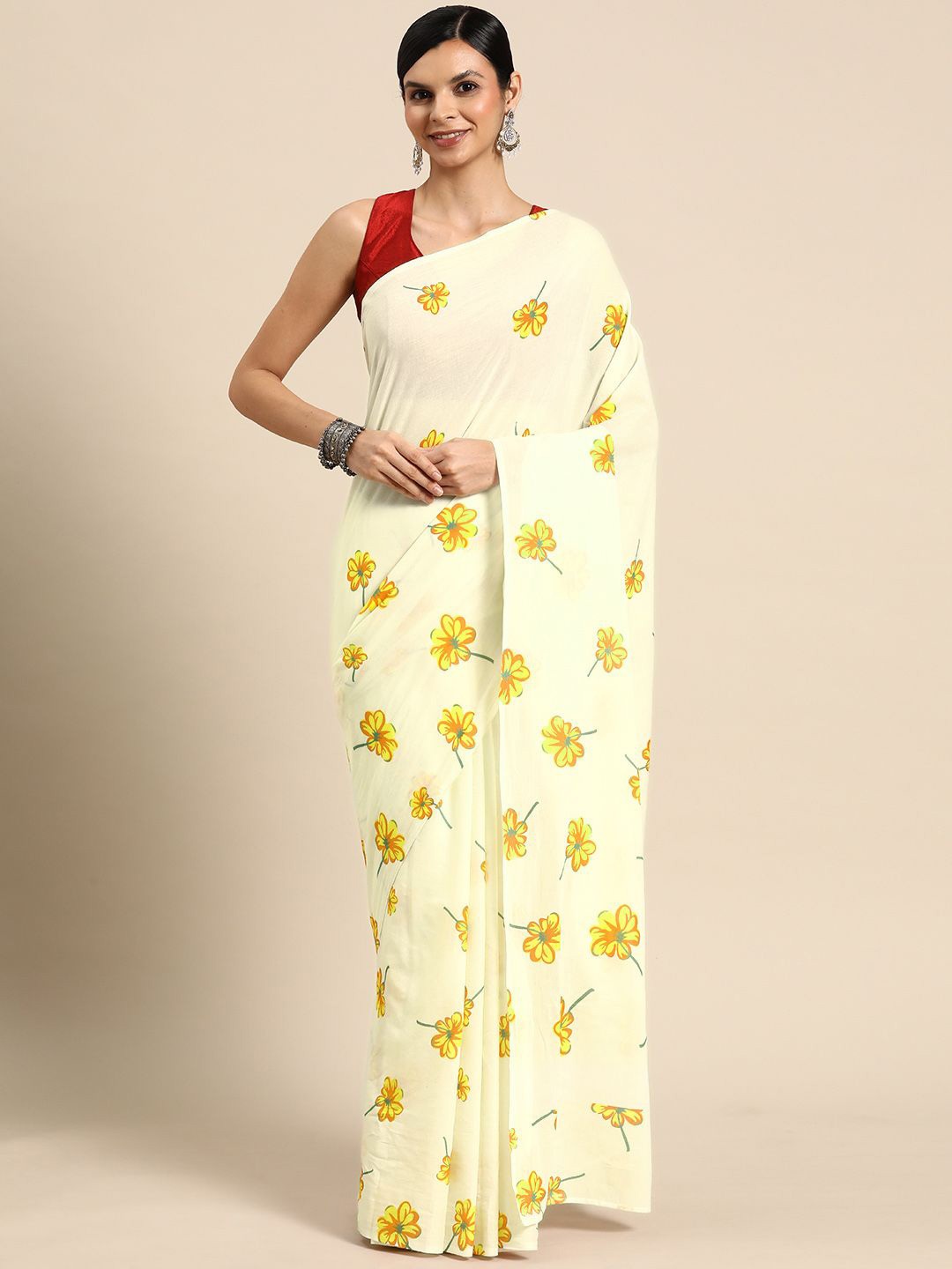 

BUTA BUTI Floral Printed Pure Cotton Saree, Yellow