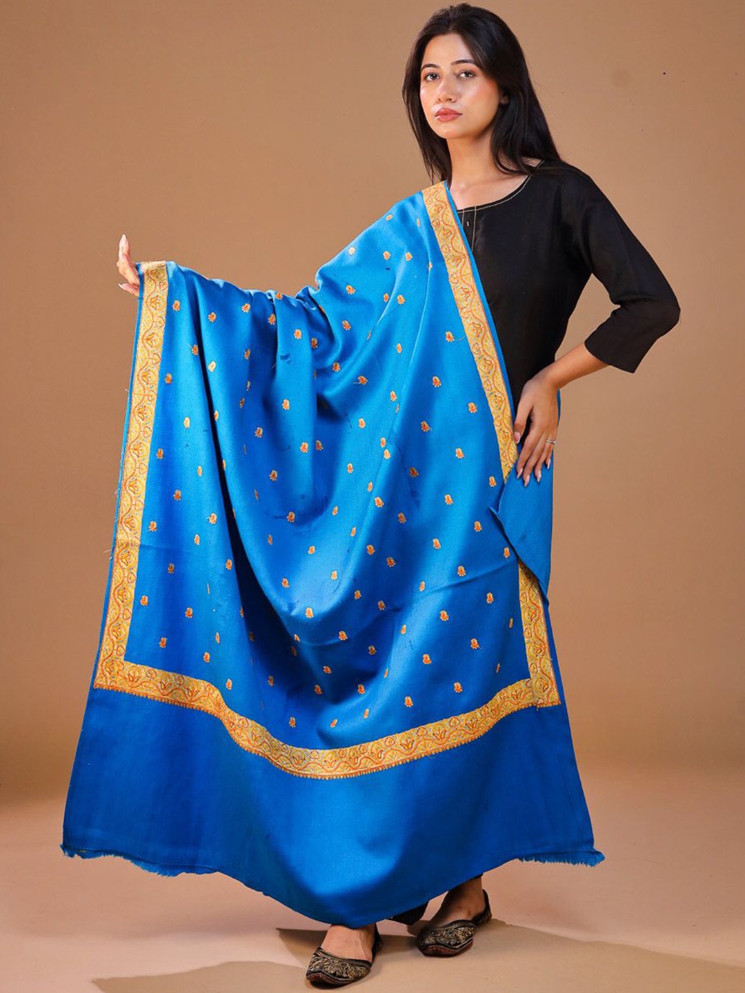 

SWI Stylish Floral Embroidered Pashmina Shawl, Turquoise blue
