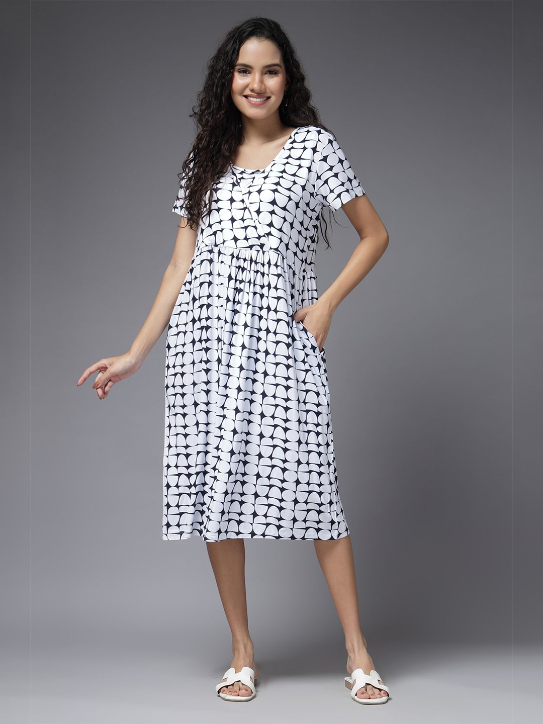 

House Of Zelena Pure Cotton Printed Flared Sleeve A-Line Maternity Zipless Feeding Dress, White