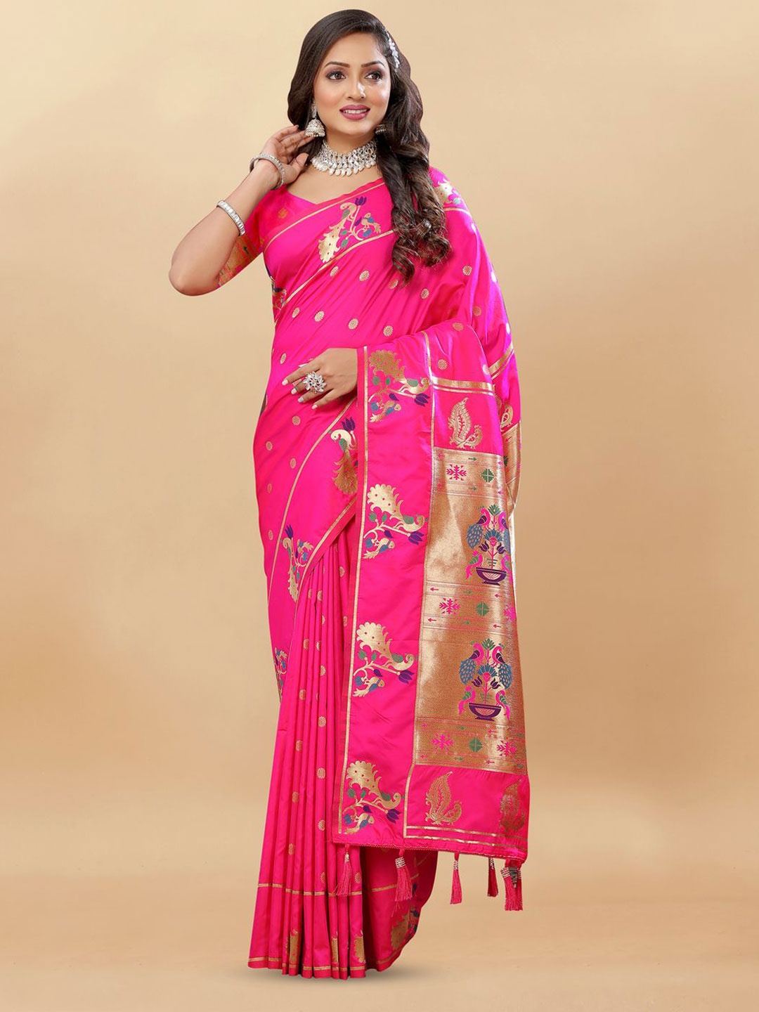 

MOKSHA DESIGNS Ethnic Motifs Zari Pure Silk Paithani Saree, Pink