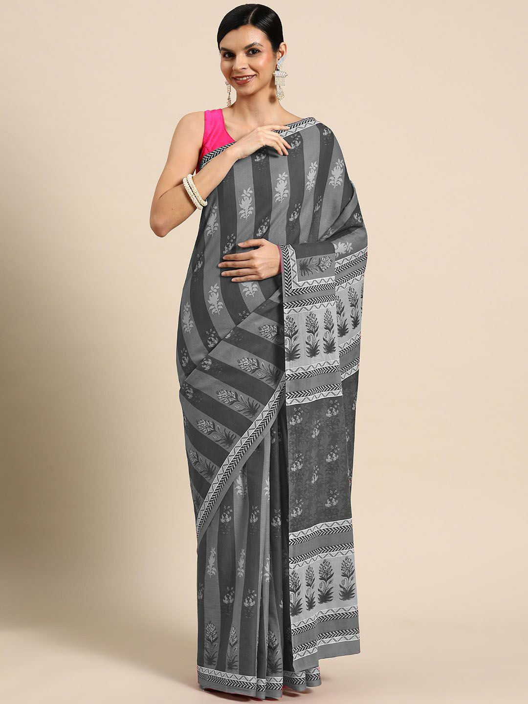 

BUTA BUTI Floral Pure Cotton Printed Saree, Grey