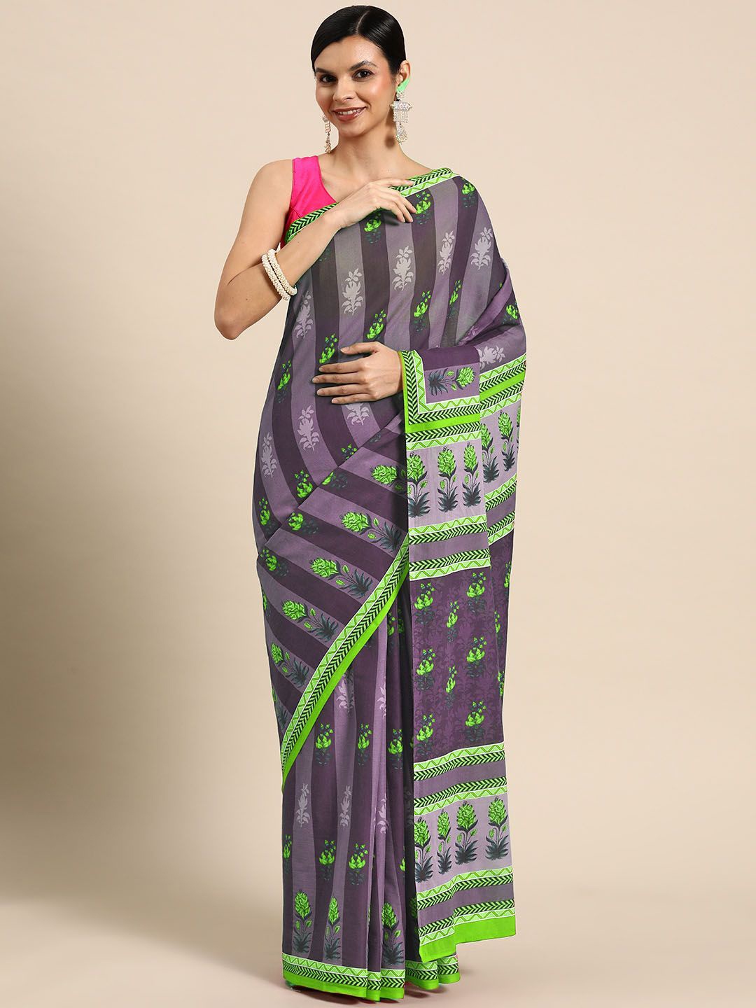 

BUTA BUTI Floral Printed Pure Cotton Saree, Violet