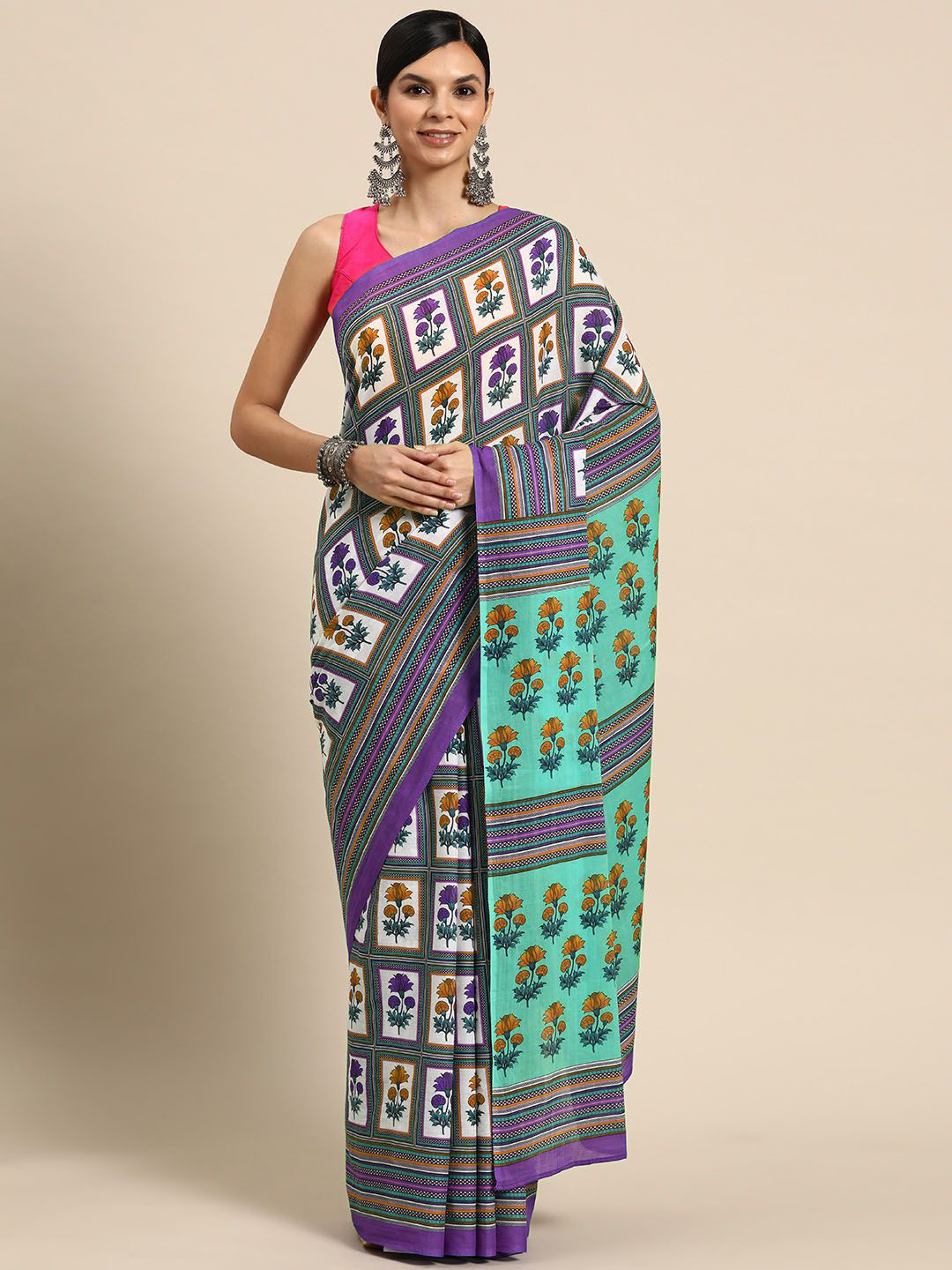

BUTA BUTI Floral Pure Cotton Saree, Orange