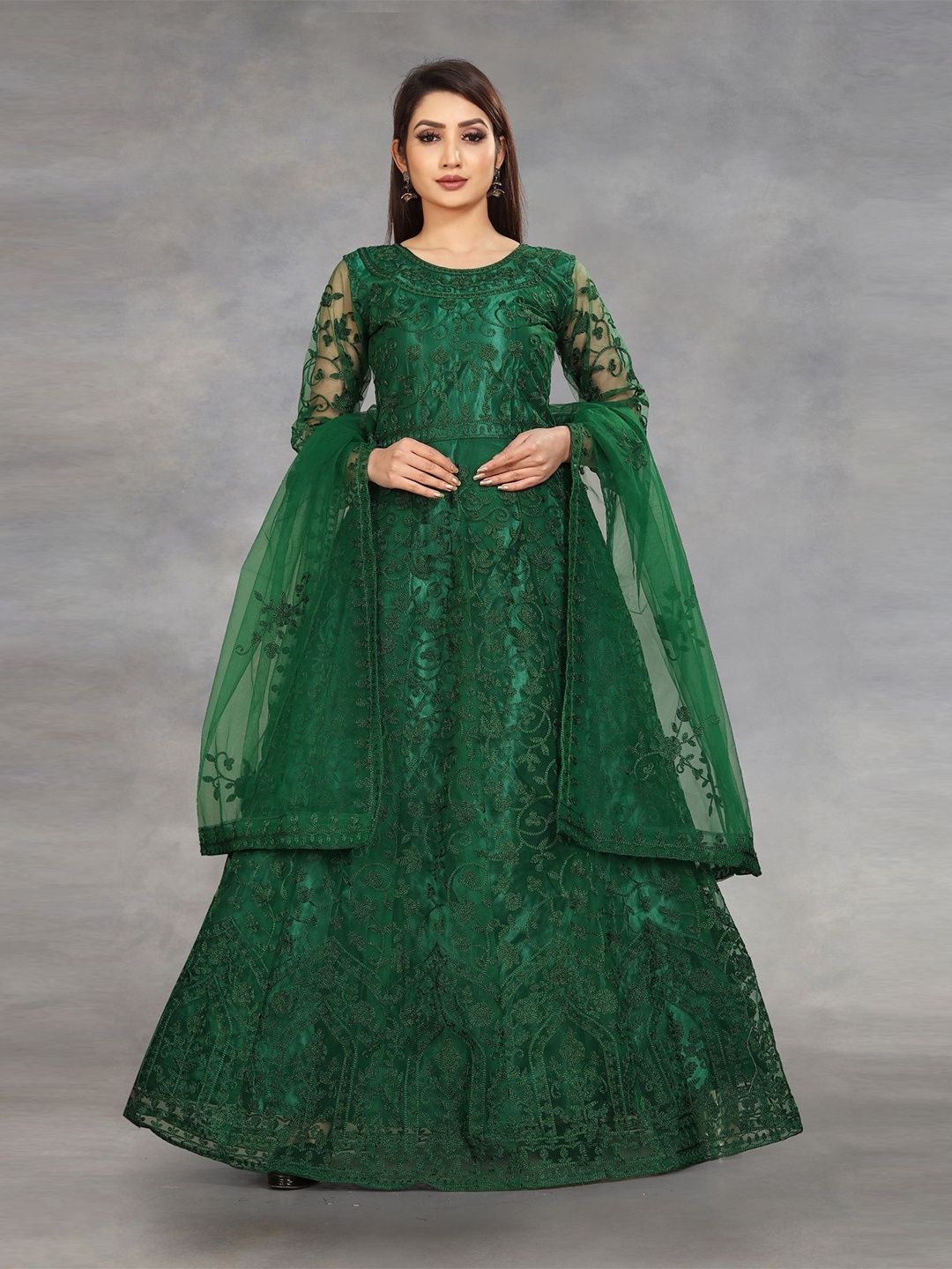 

Aika Women Floral Embroidered Cape Sleeve Net Fit & Flare Maxi Dress, Green