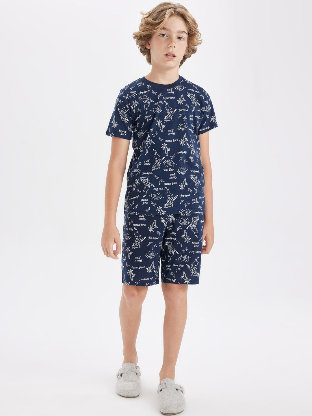 

DeFacto Boys Printed Pure Cotton Night Suit, Navy blue