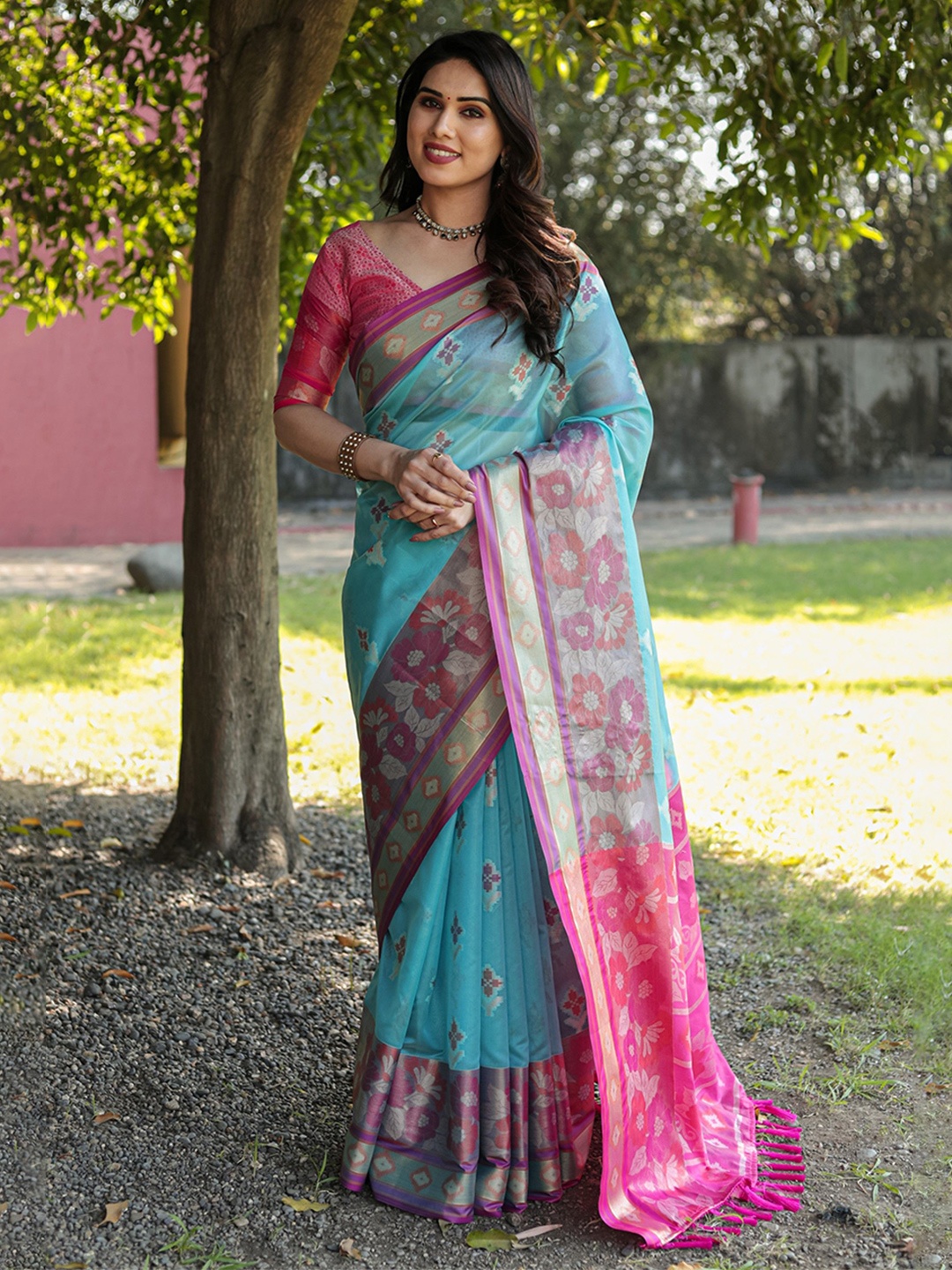 

Anaita Woven Design Zari Organza Ikat Saree, Turquoise blue