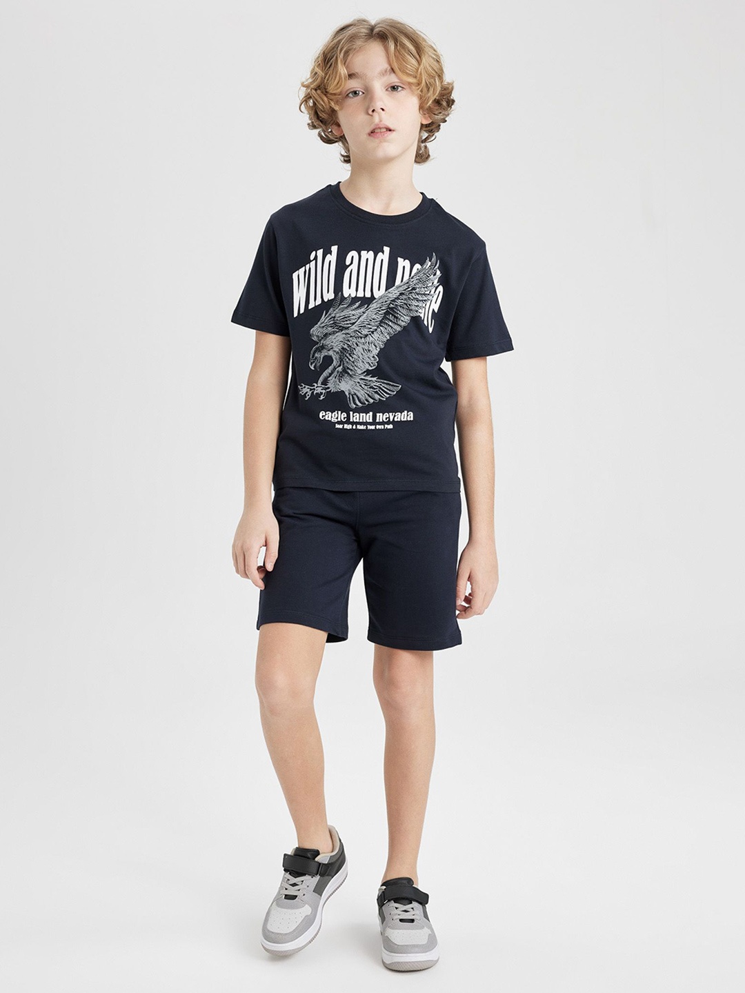 

DeFacto Boys Typography Printed Pure Cotton T-shirt With Shorts, Black