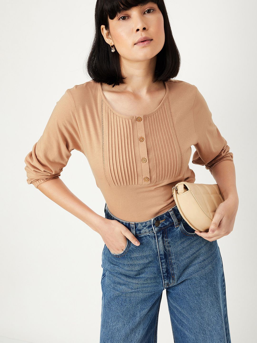 

max Women Vertical Striped Round Neck Cotton Top, Yellow