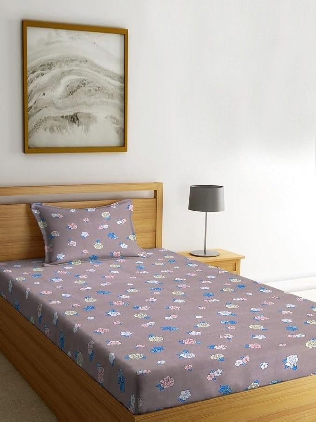 

MORADO Brown & Blue Floral Printed 210 TC Single Bedsheet with 1 Pillow Covers