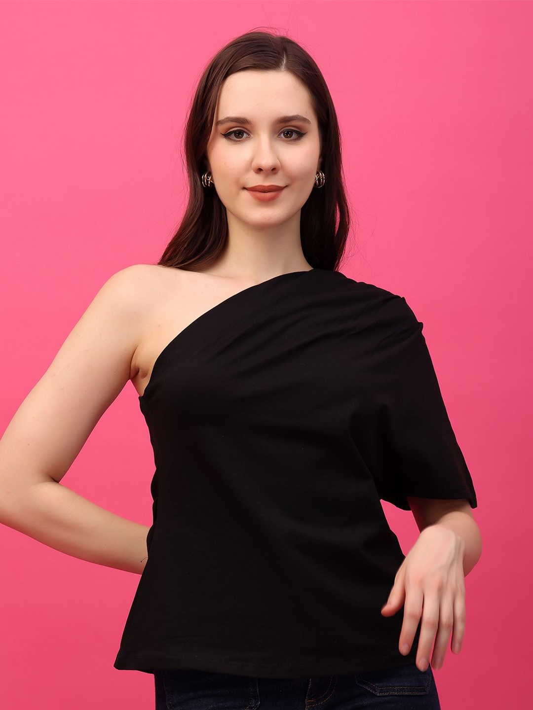 

MINOS Women Solid One Shoulder Cotton Top, Black