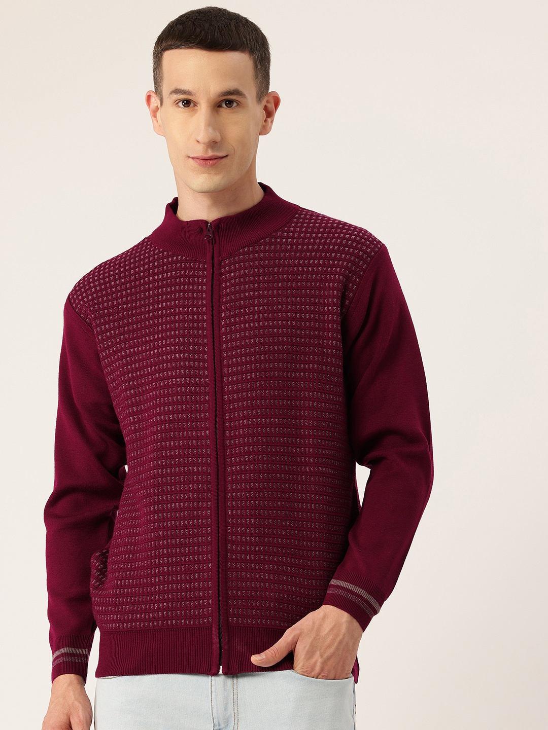 

Monte Carlo Geometric Self-Design Front-Open Sweater, Maroon