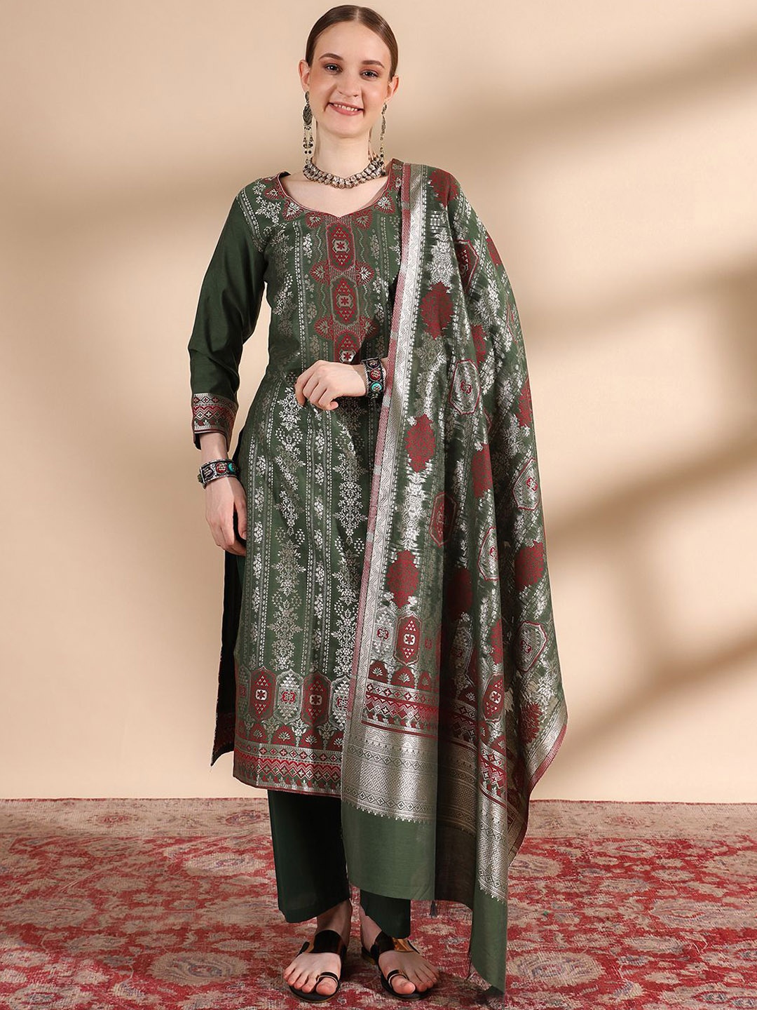 

KIDAR Floral Woven Design Zari Jacquard Cotton Silk Straight Kurta with Trousers & Dupatta, Olive