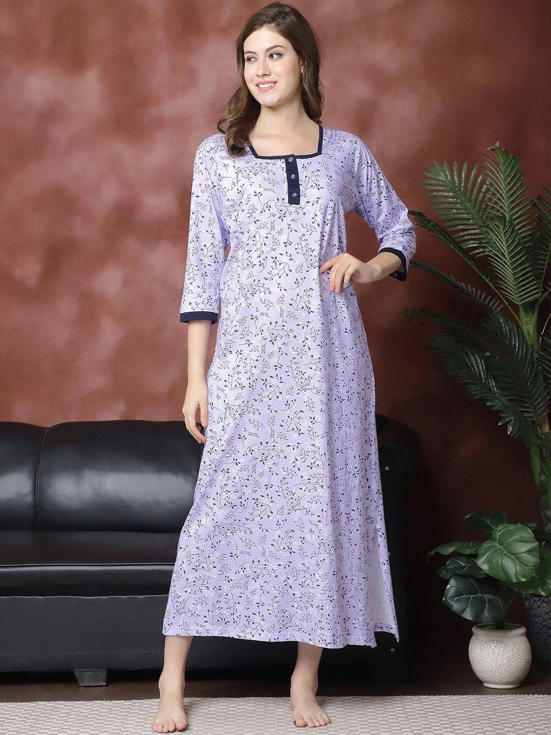 

Claura Women Printed Pure Cotton Nightdress, Purple