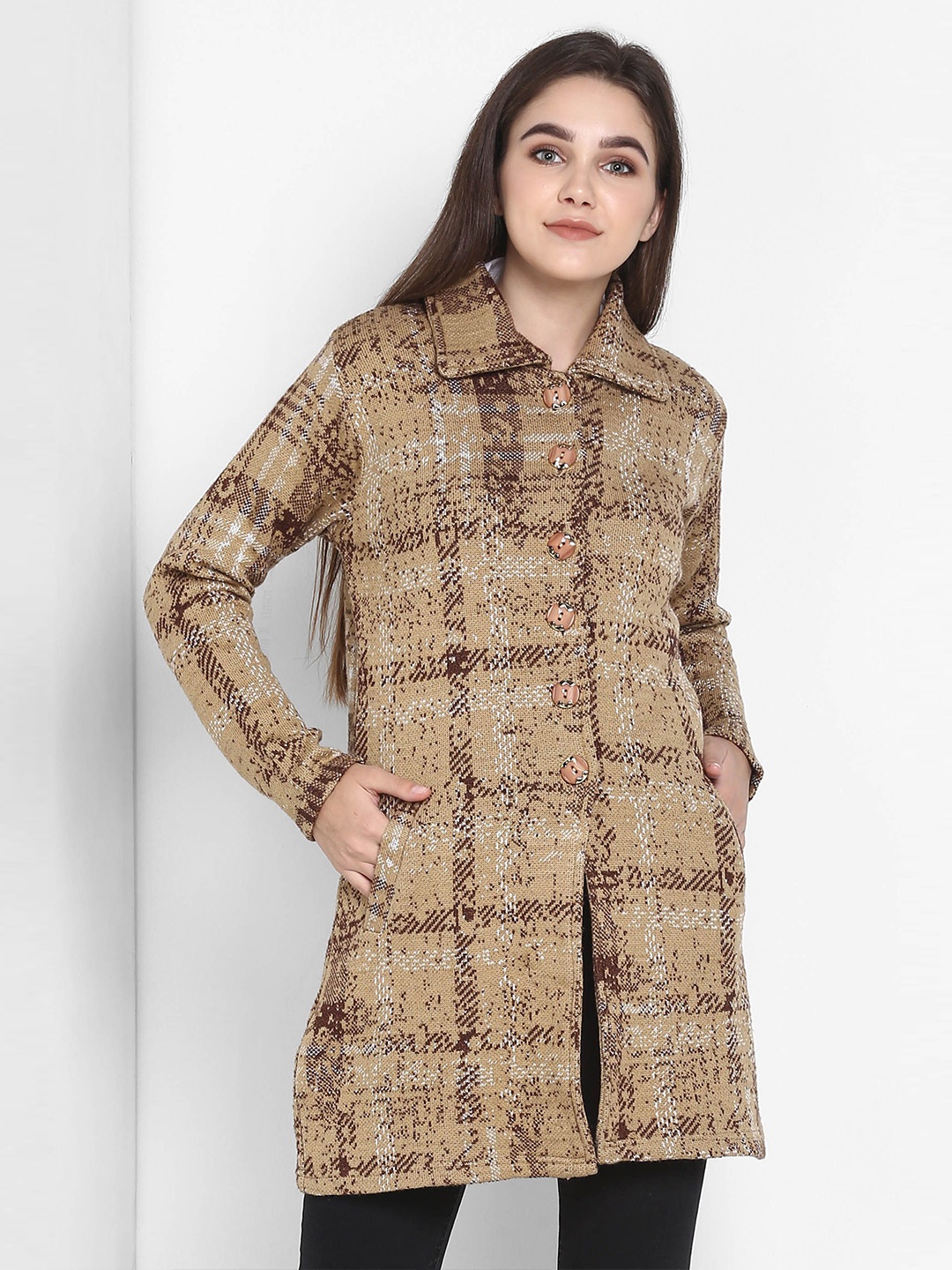 

PIVL Women Printed Longline Cardigan, Beige
