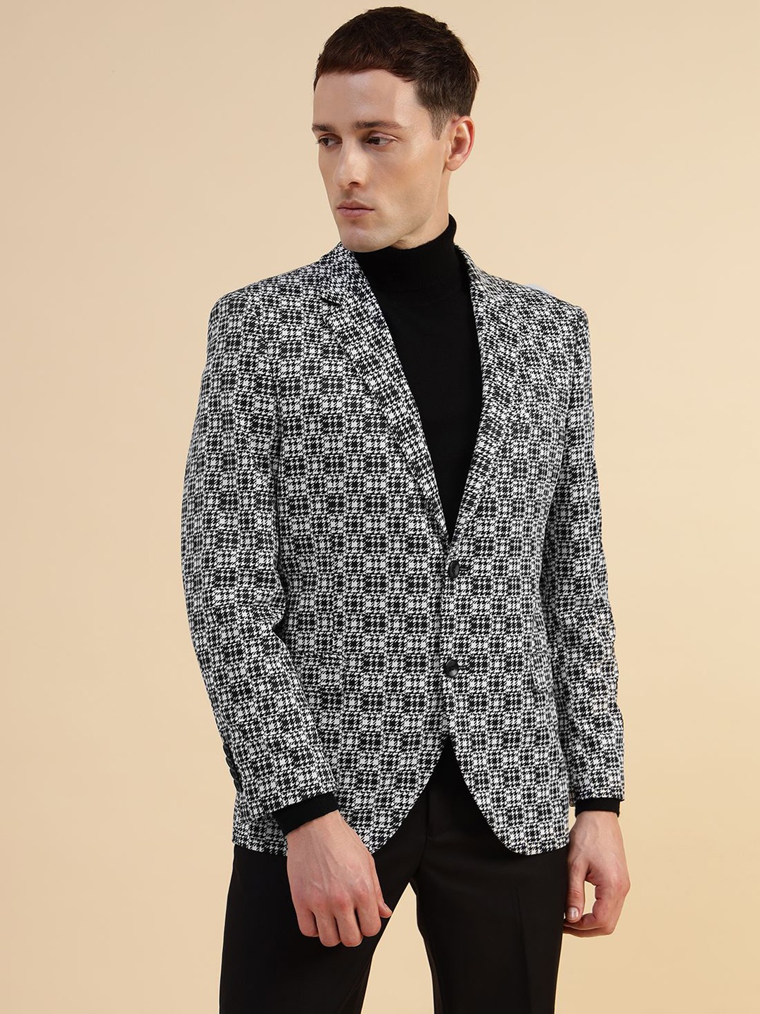 

Givo Printed Notched Lapel Tailored Fit Double Vent Single Breasted Cotton Blazers, Black