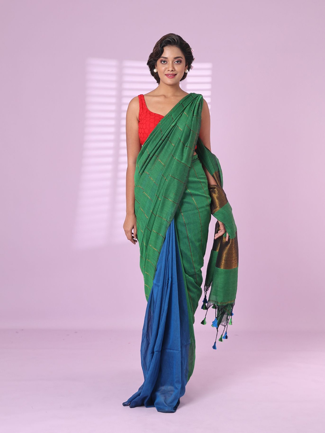 

Charukriti Striped Zari Pure Cotton Half and Half Saree, Green