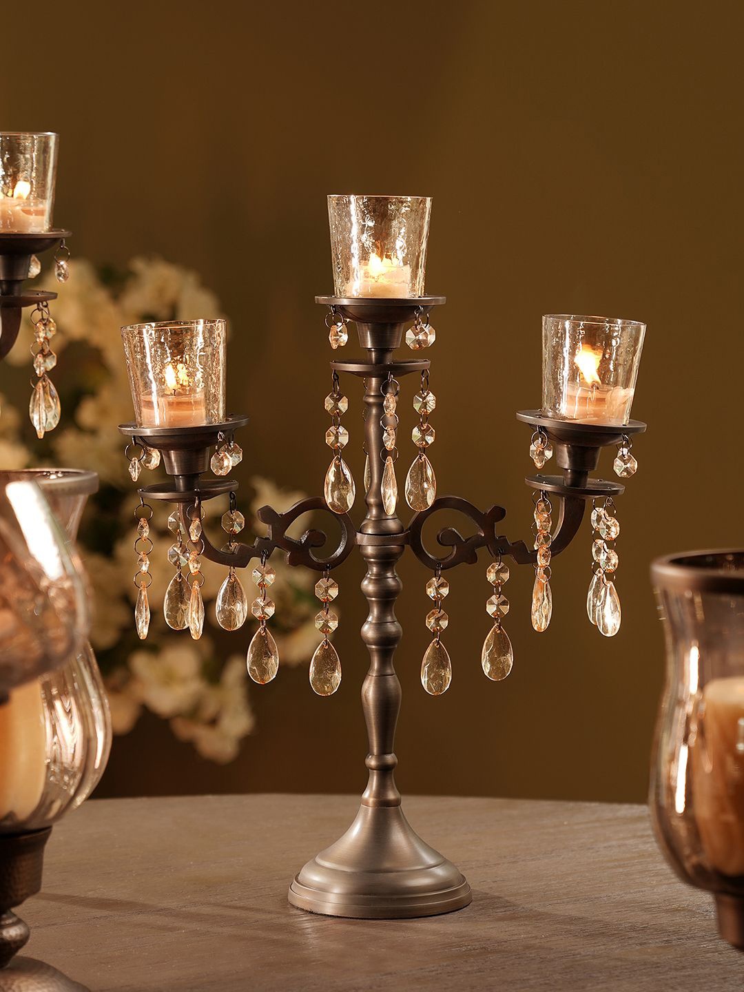

Pure Home and Living Brown & White 3 Arm Antique Glass Candle Holder
