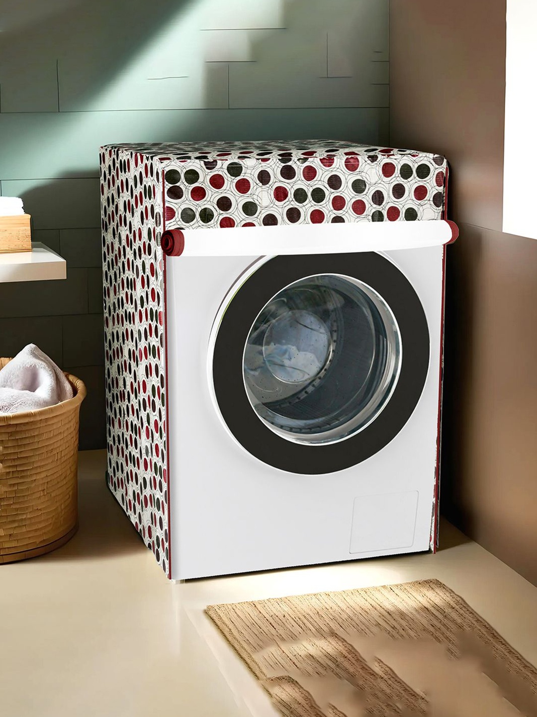 

Kuber Industries White & Green Dot Printed Light Weight Front Load Washing Machine Cover