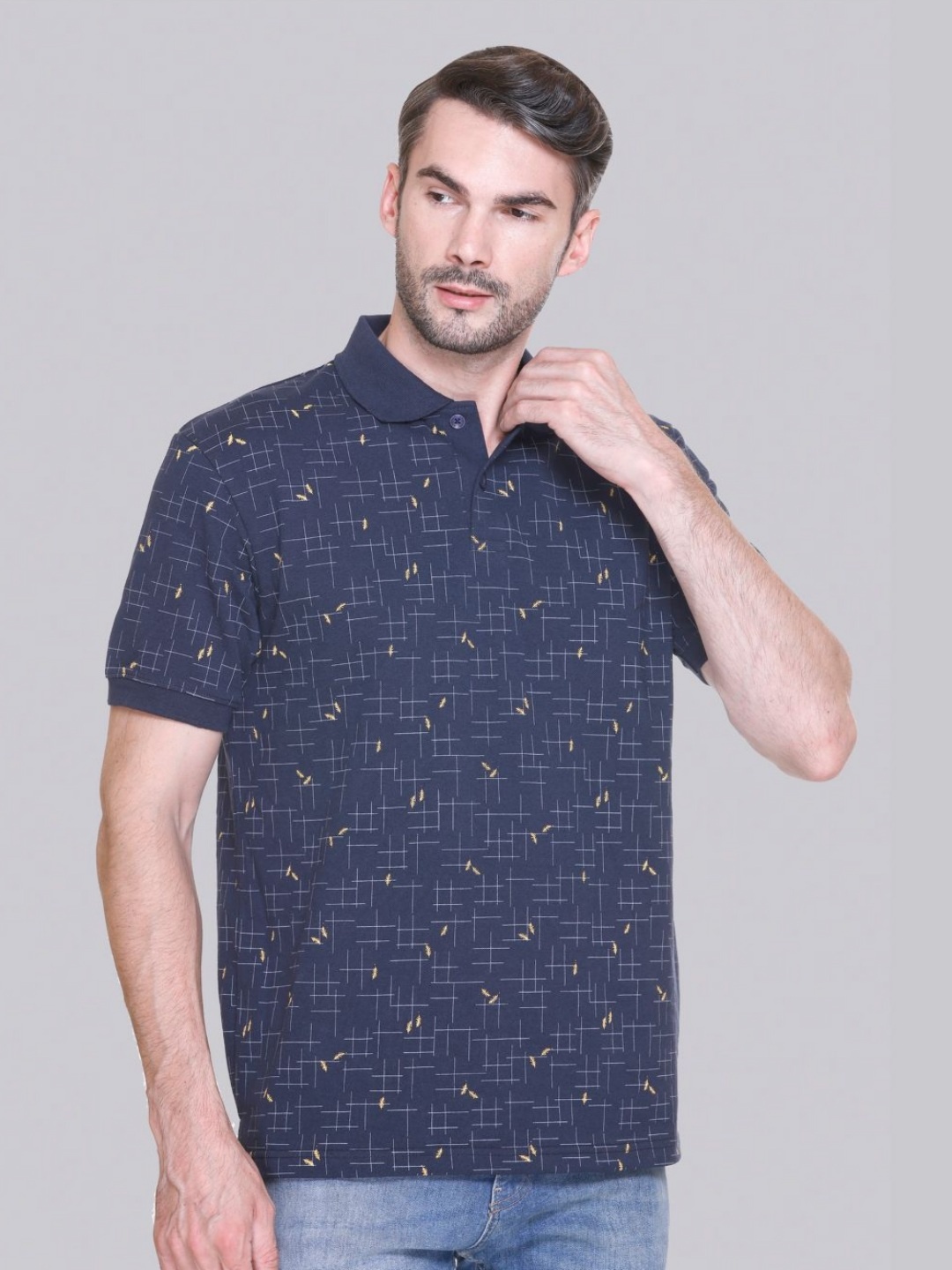 

ELPIDA Men Conversational Printed Polo Collar Cotton T-shirt, Navy blue
