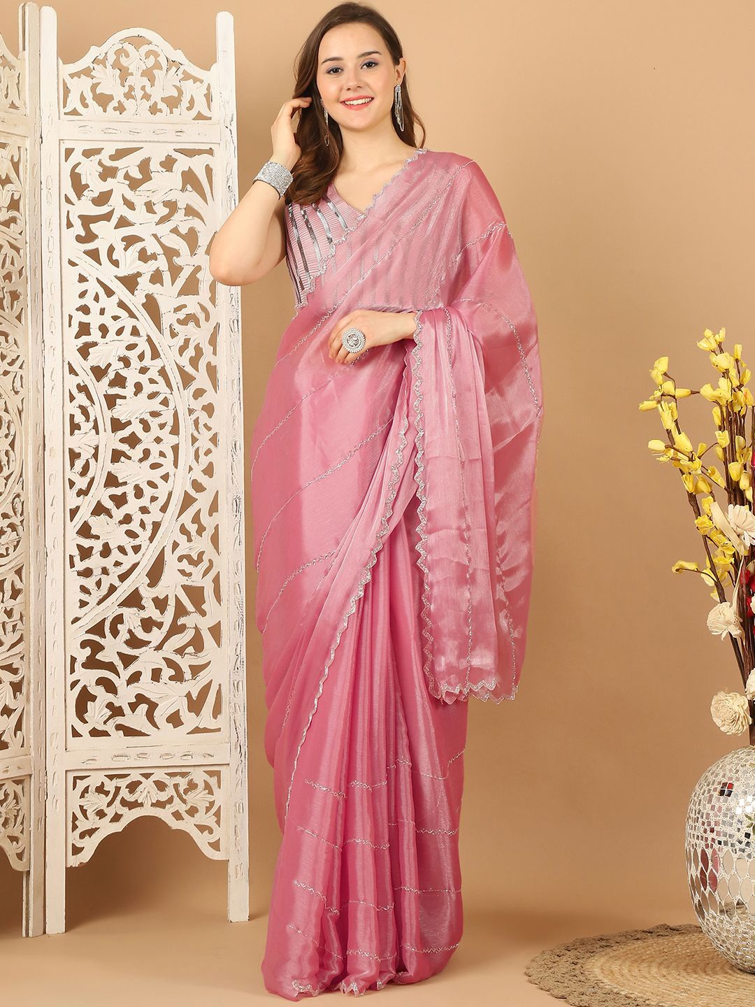 

Mitera Embellished Beads and Stones Saree, Peach