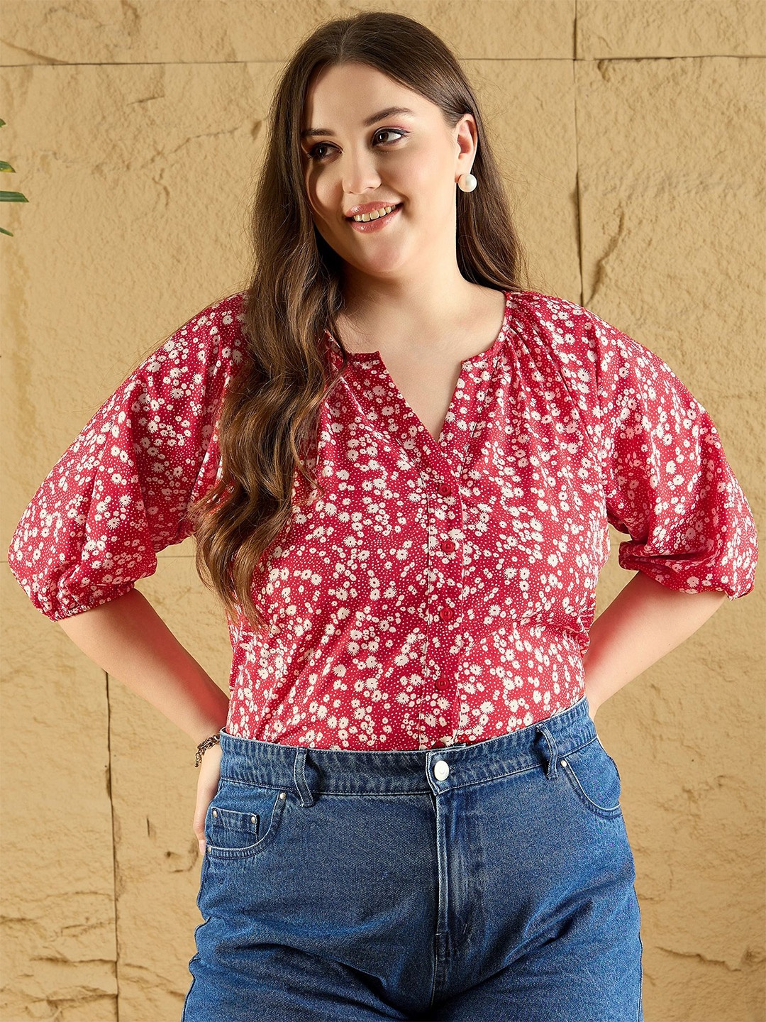 

Berrylush Curve Plus Size Women Floral Printed Mandarin Collar Top, Red