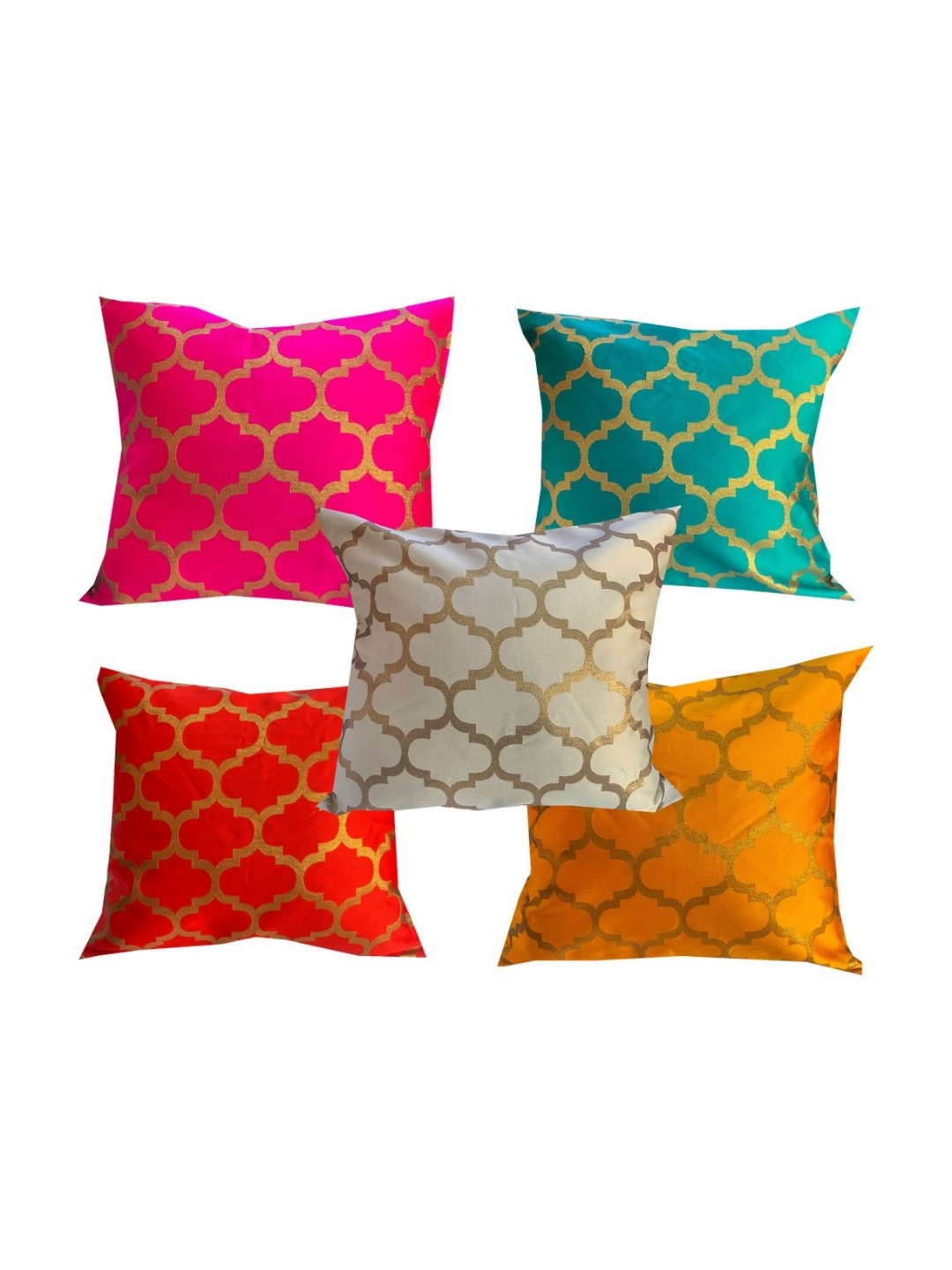 

Pink Parrot Pink & Green 5 Pieces Geometric Jacquard Silk Square Cushion Covers